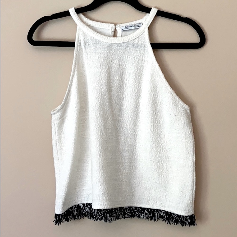 ZARA Cream High-Neck Top with Black Frayed Hemline